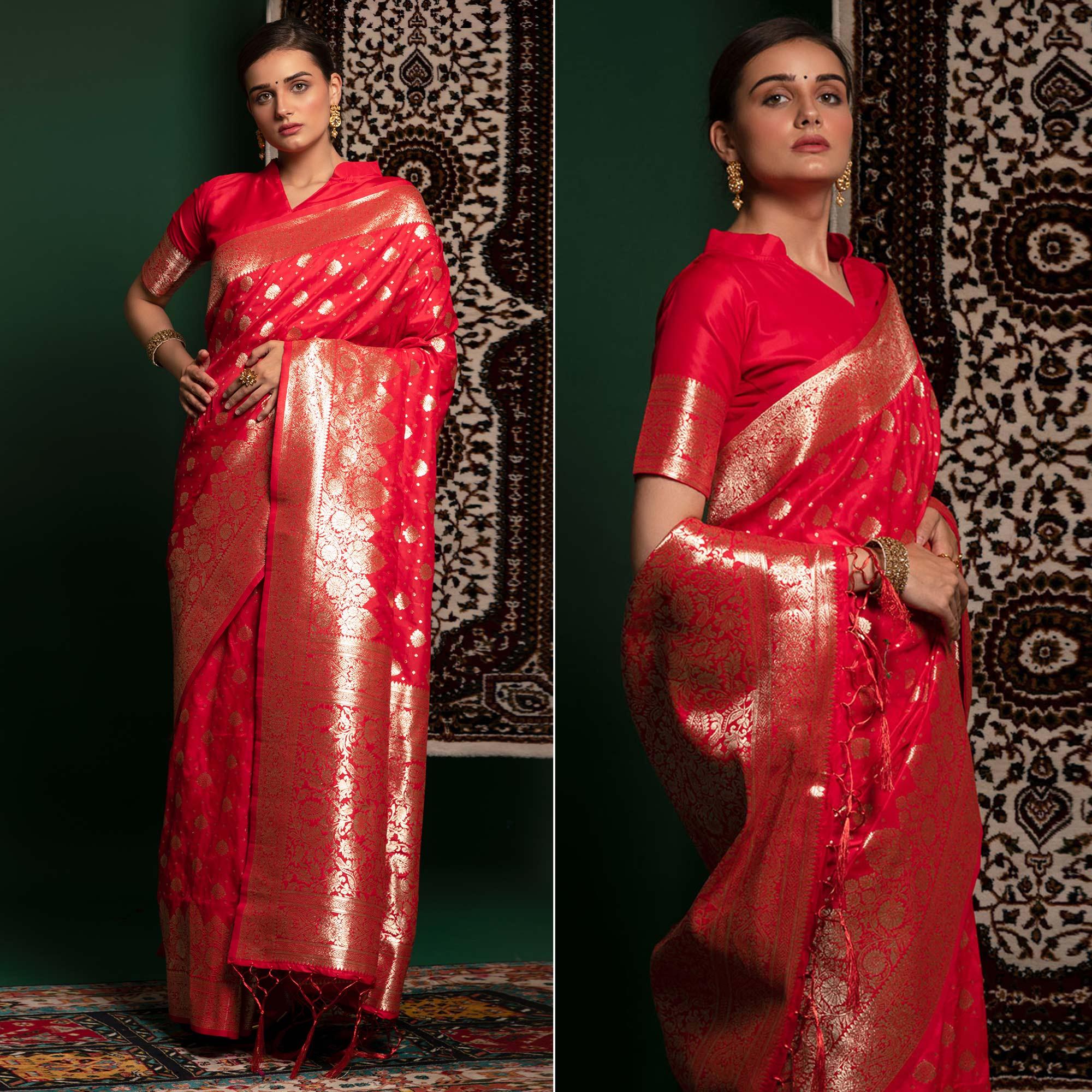Salmon Pink Woven Art Silk Saree With Tassels - Peachmode