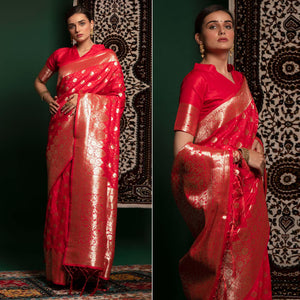 Salmon Pink Woven Art Silk Saree With Tassels - Peachmode