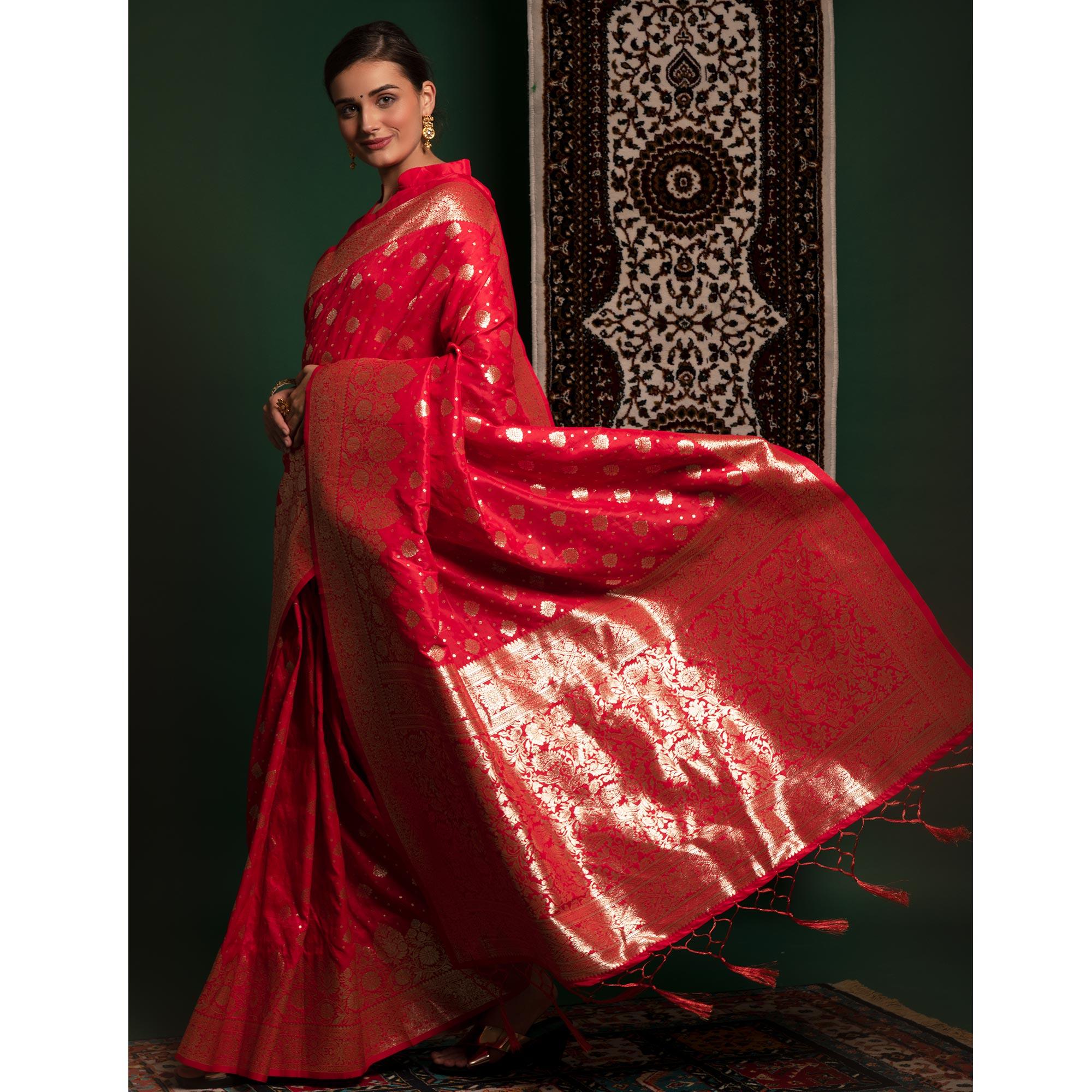 Salmon Pink Woven Art Silk Saree With Tassels - Peachmode