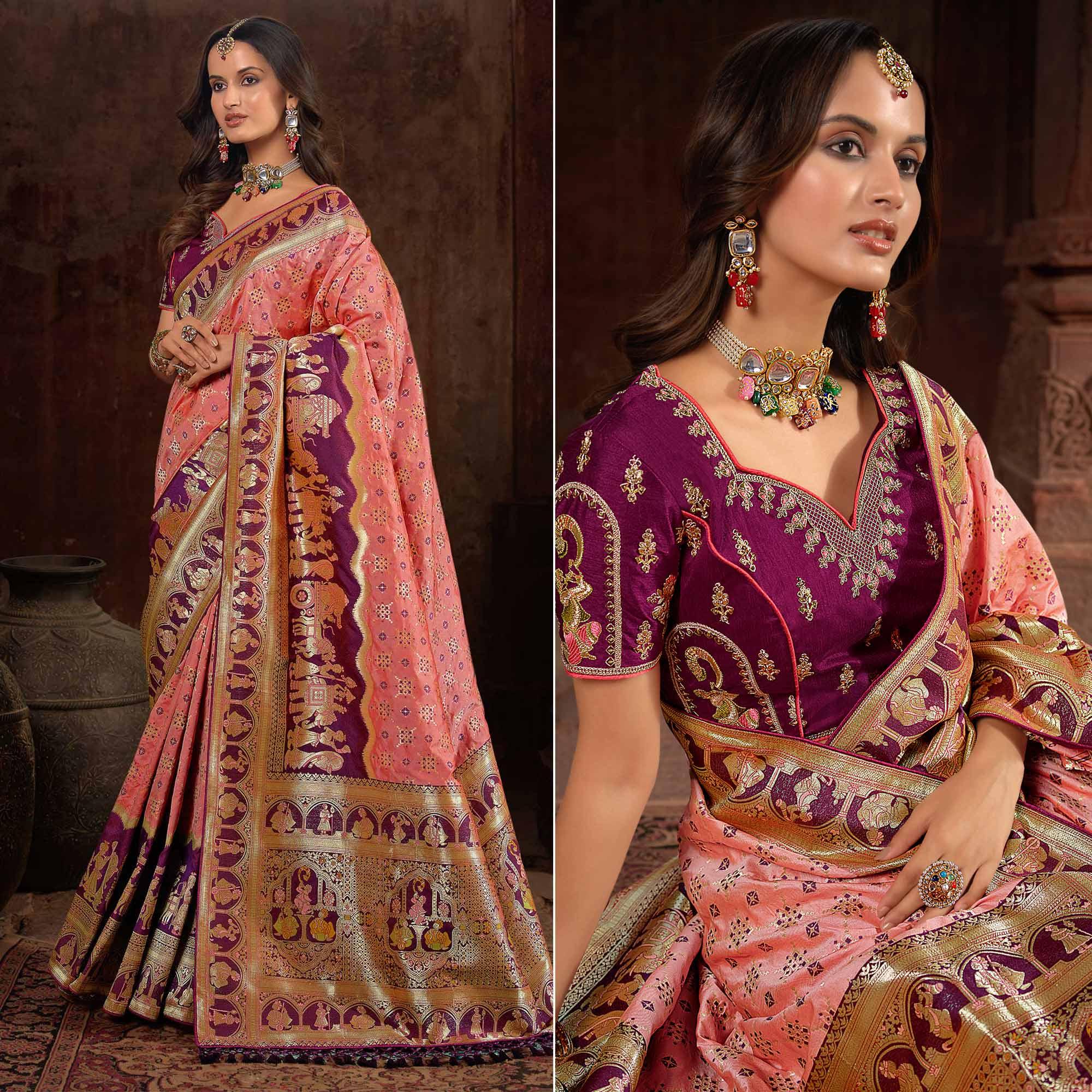 Salmon Pink Woven Banarasi Silk Saree With Tassels - Peachmode