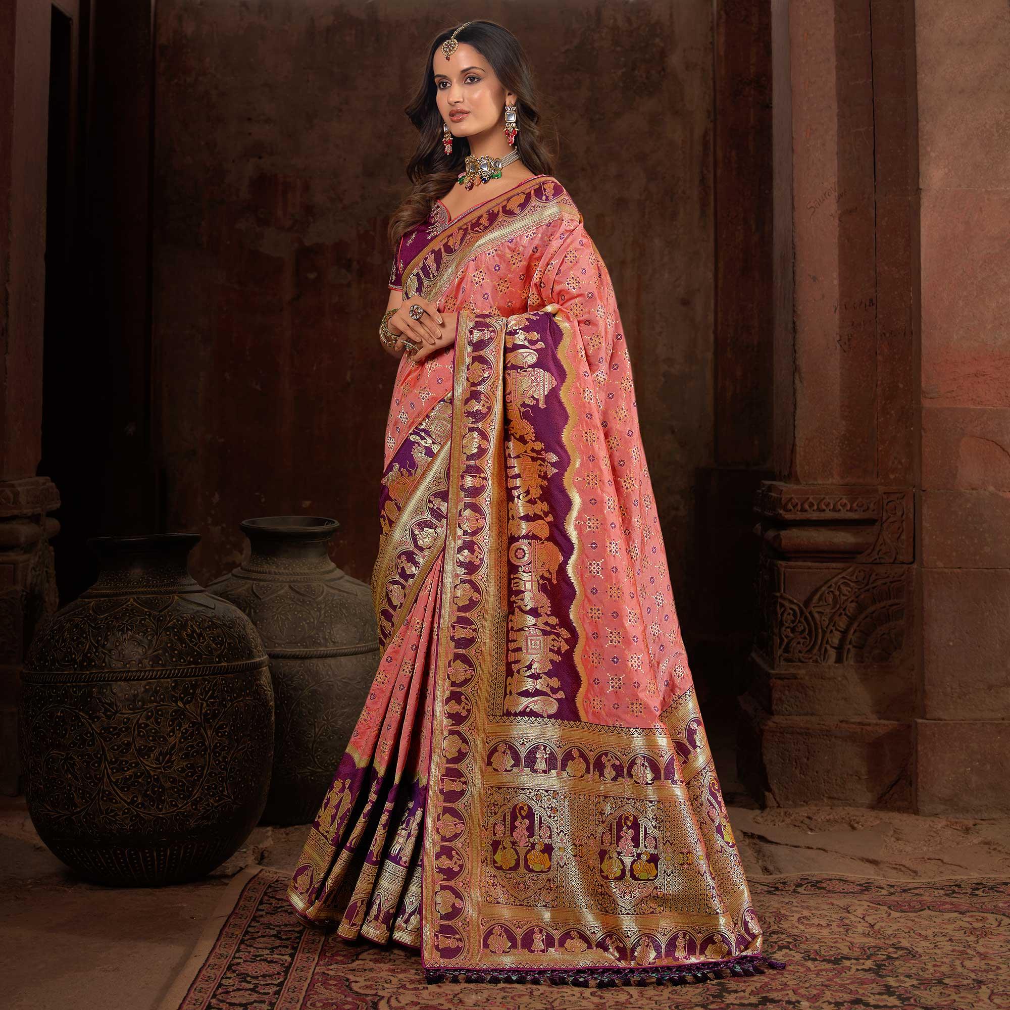 Salmon Pink Woven Banarasi Silk Saree With Tassels - Peachmode