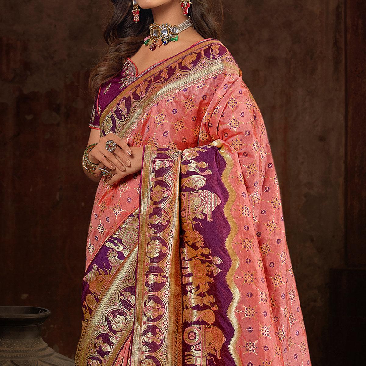 Salmon Pink Woven Banarasi Silk Saree With Tassels - Peachmode