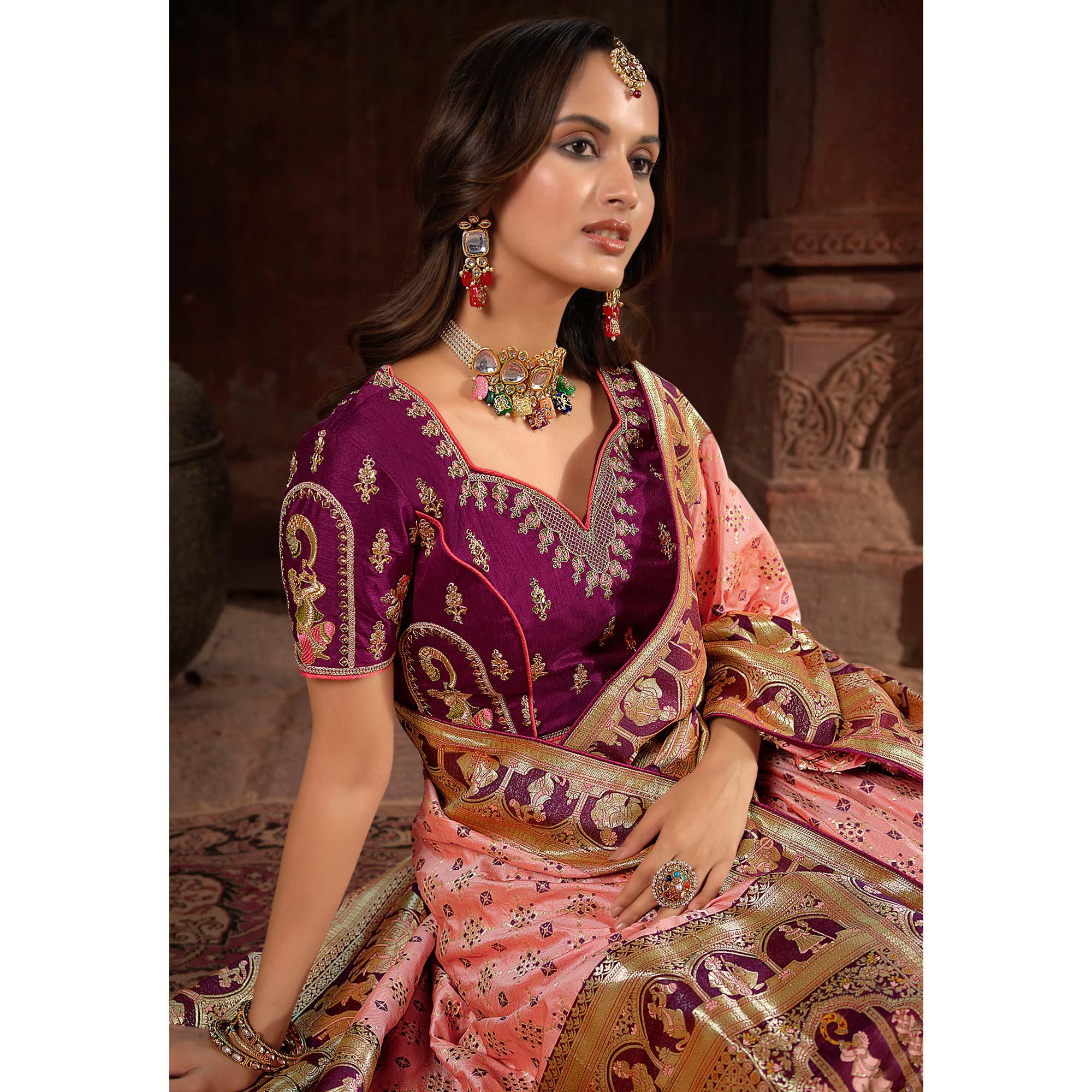 Salmon Pink Woven Banarasi Silk Saree With Tassels - Peachmode