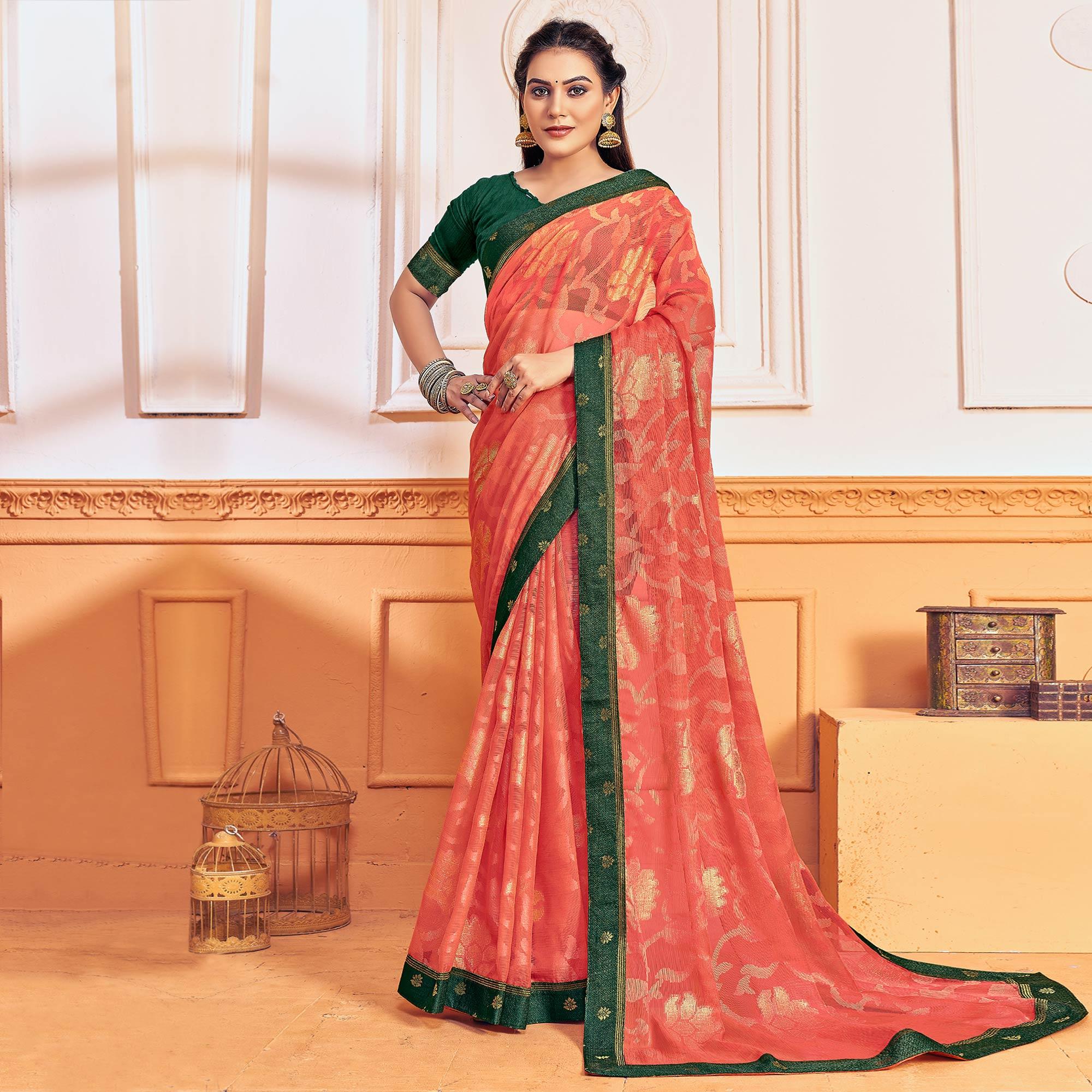 Salmon Pink Woven Brasso Saree - Peachmode