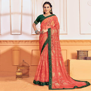 Salmon Pink Woven Brasso Saree - Peachmode