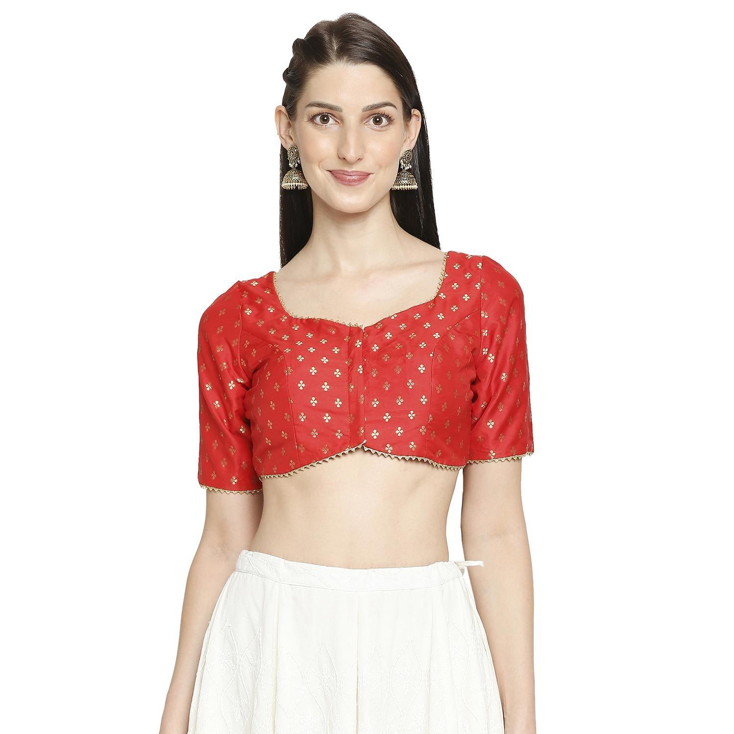 Salwar Studio - Women's Red Brocade Readymade Saree Blouse - Peachmode