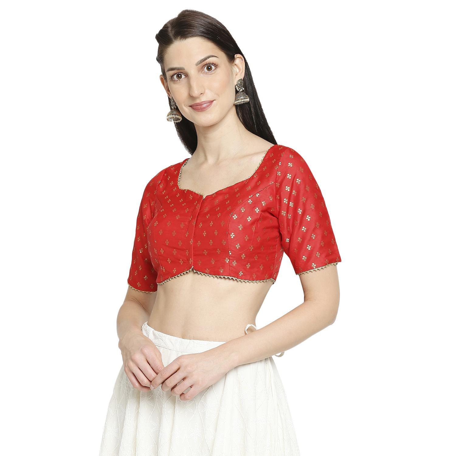 Salwar Studio - Women's Red Brocade Readymade Saree Blouse - Peachmode