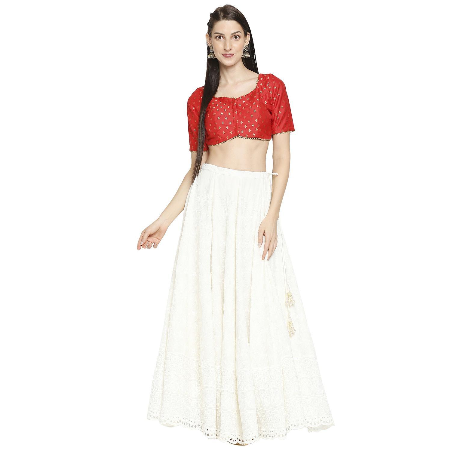 Salwar Studio - Women's Red Brocade Readymade Saree Blouse - Peachmode
