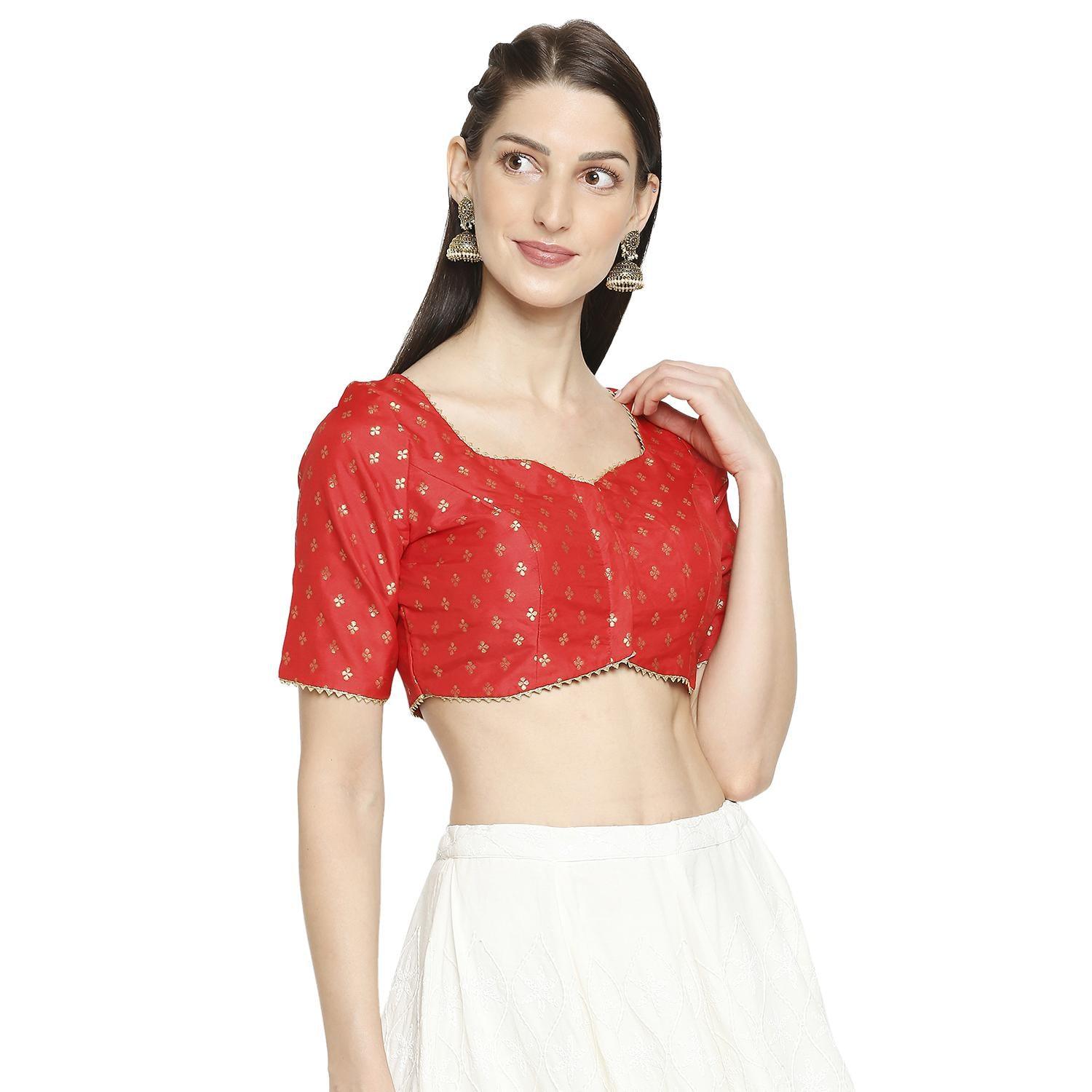 Salwar Studio - Women's Red Brocade Readymade Saree Blouse - Peachmode