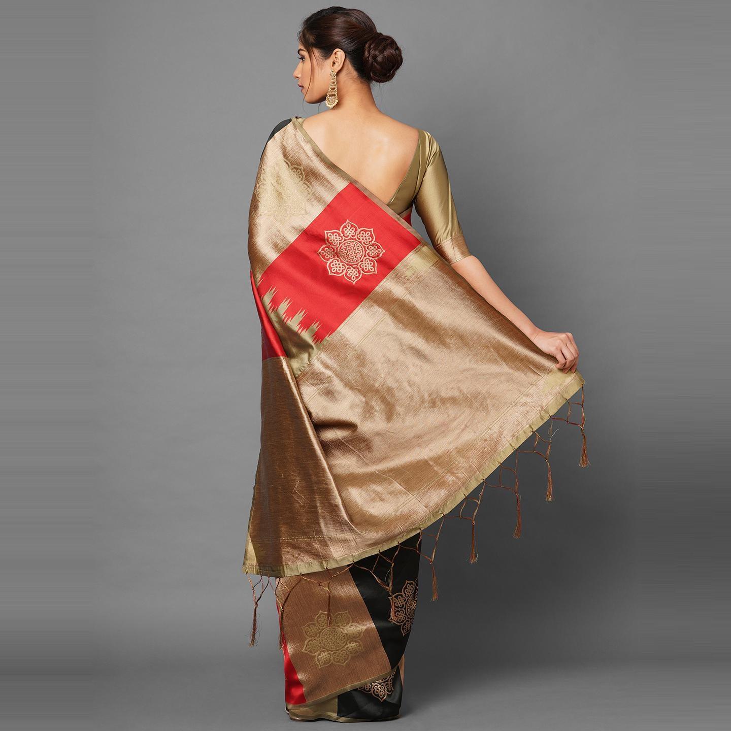 Saree Mall Beige & Red Festive Wear Silk Woven Designer Saree With Unstitched Blouse - Peachmode