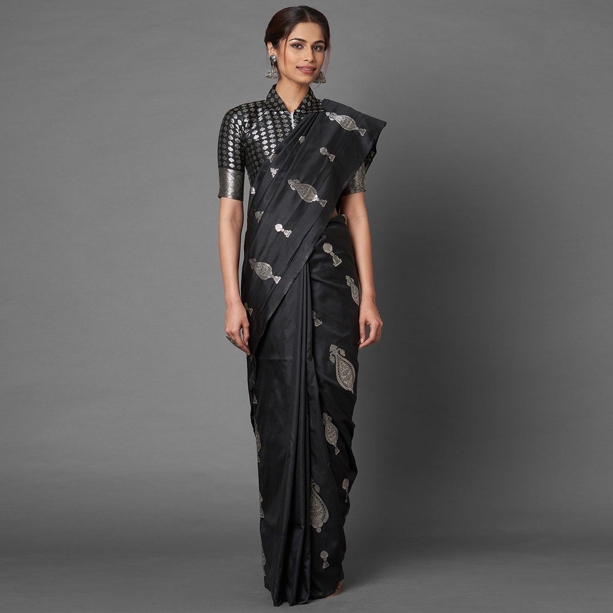 Saree Mall Black Festive Wear Silk Blend Banarasi Saree With Unstitched Blouse - Peachmode