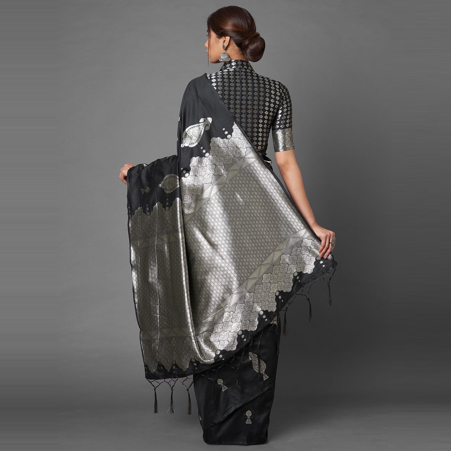 Saree Mall Black Festive Wear Silk Blend Banarasi Saree With Unstitched Blouse - Peachmode