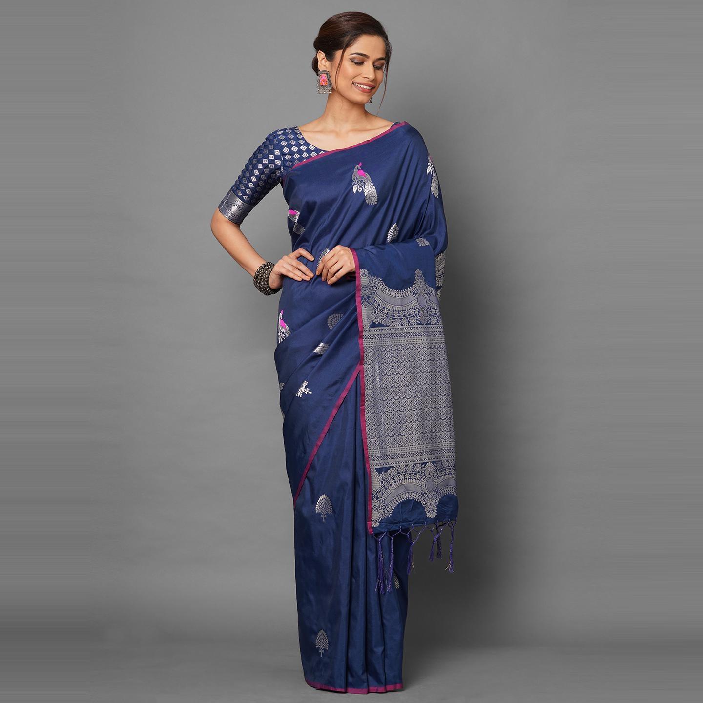 Saree Mall Blue Festive Wear Silk Blend Banarasi Woven Saree With Unstitched Blouse - Peachmode