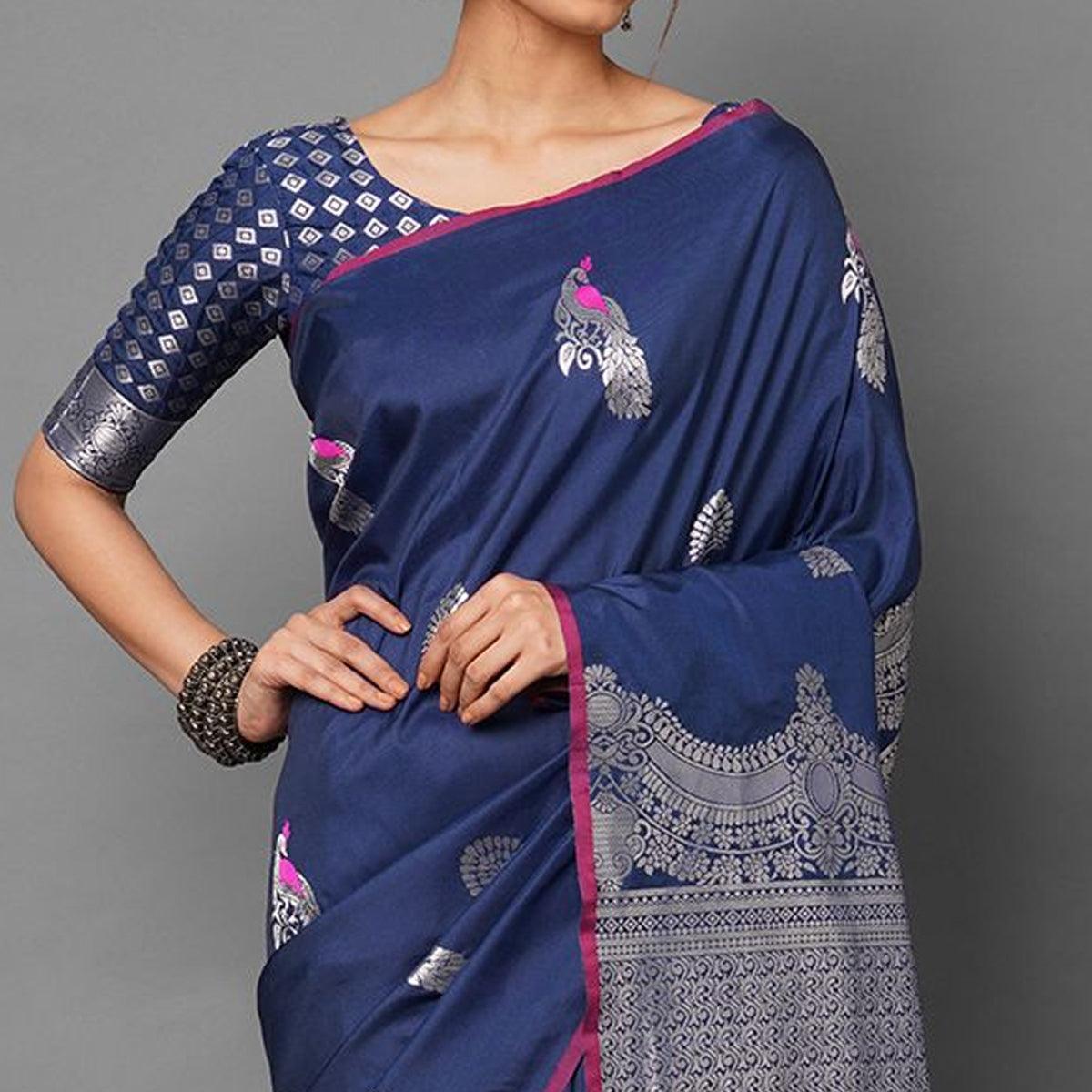 Saree Mall Blue Festive Wear Silk Blend Banarasi Woven Saree With Unstitched Blouse - Peachmode