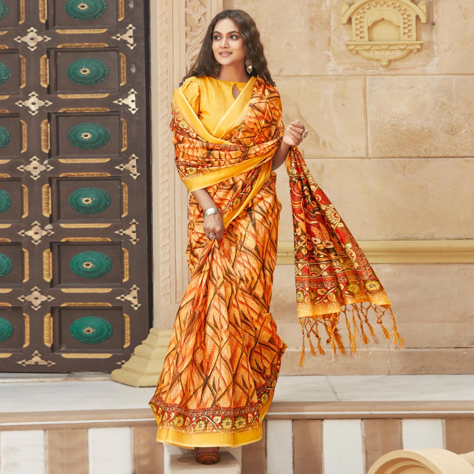 Saree Mall Cream Casual Wear Digital Printed Geometric Soft Cotton Saree - Peachmode