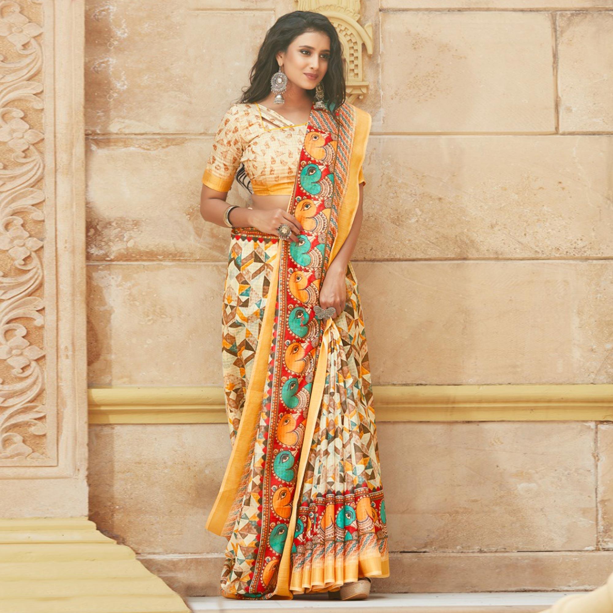 Saree Mall Cream Casual Wear Digital Printed Geometric Soft Cotton Saree - Peachmode