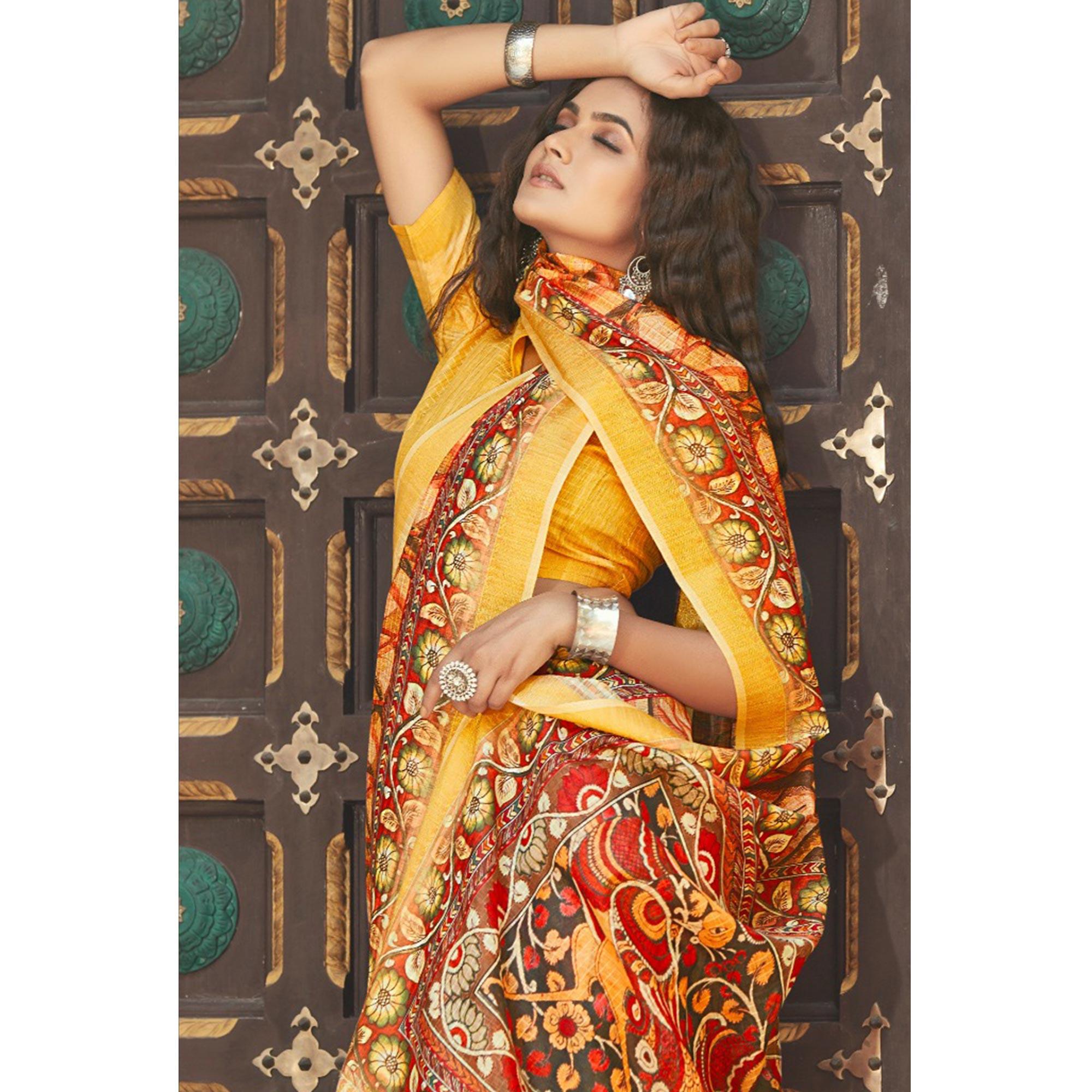 Saree Mall Cream Casual Wear Digital Printed Geometric Soft Cotton Saree - Peachmode