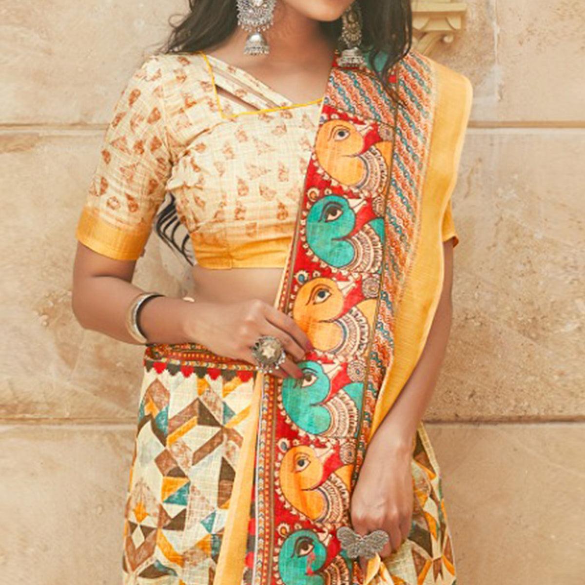 Saree Mall Cream Casual Wear Digital Printed Geometric Soft Cotton Saree - Peachmode