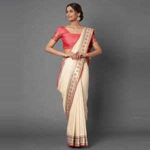 Saree Mall Cream Festive Wear Tussar Silk Woven Designer Saree With Unstitched Blouse - Peachmode