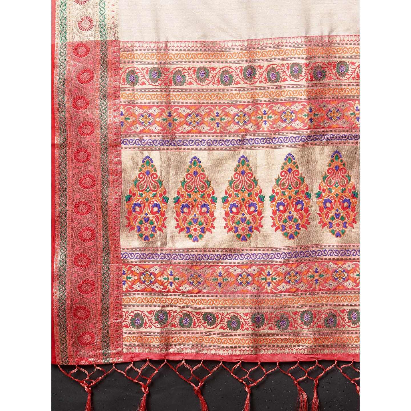 Saree Mall Cream Festive Wear Tussar Silk Woven Designer Saree With Unstitched Blouse - Peachmode