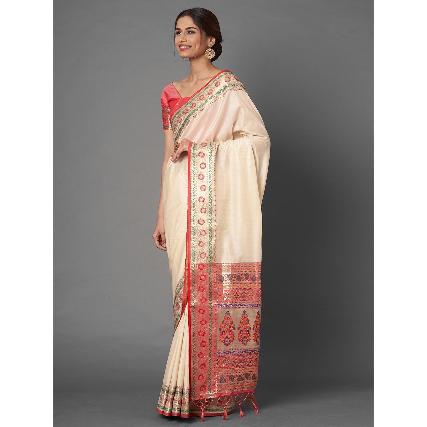 Saree Mall Cream Festive Wear Tussar Silk Woven Designer Saree With Unstitched Blouse - Peachmode