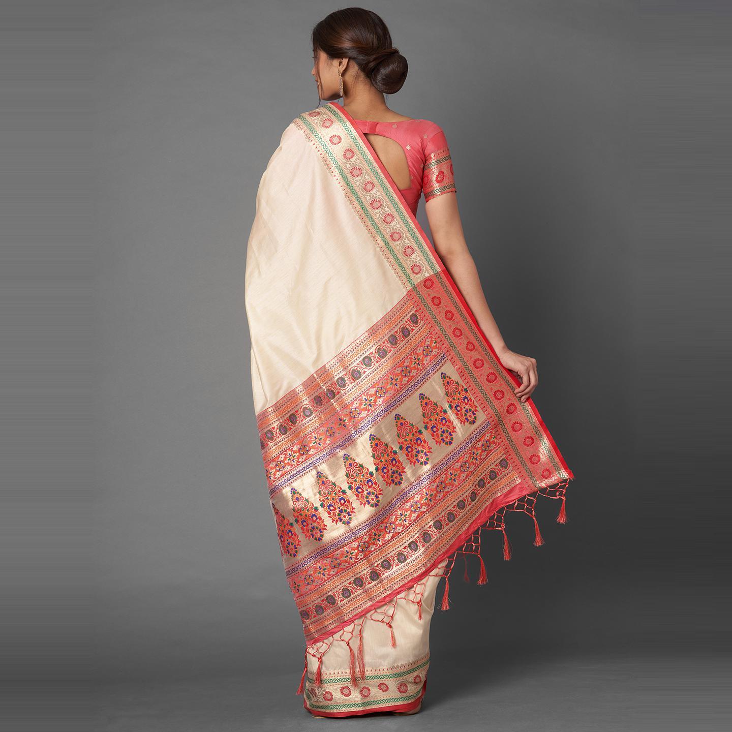 Saree Mall Cream Festive Wear Tussar Silk Woven Designer Saree With Unstitched Blouse - Peachmode