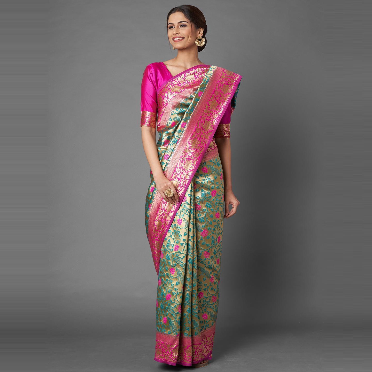 Saree Mall Green & Pink Festive Wear Silk Floral Designer Blend Banarasi Saree With Unstitched Blouse - Peachmode