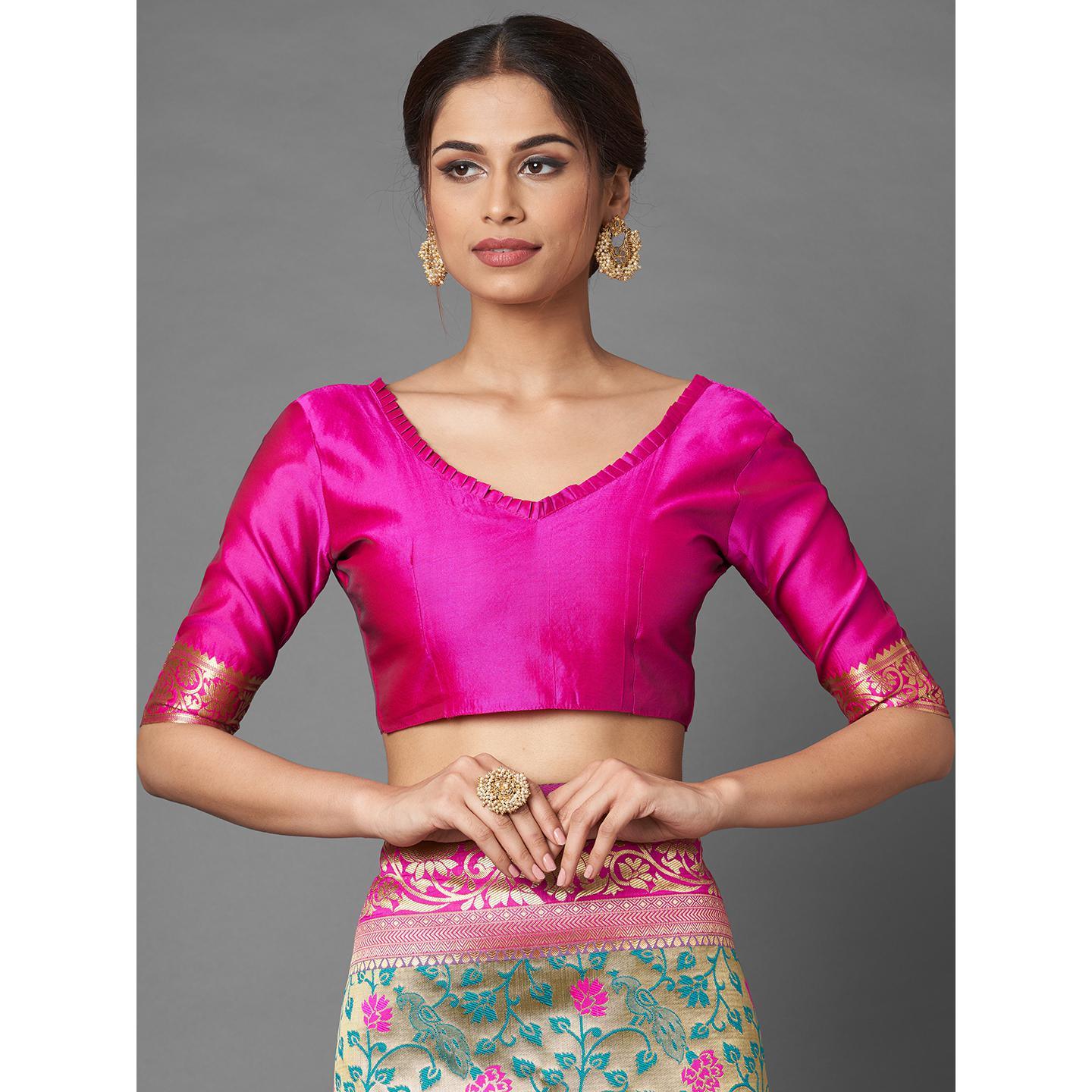 Saree Mall Green & Pink Festive Wear Silk Floral Designer Blend Banarasi Saree With Unstitched Blouse - Peachmode