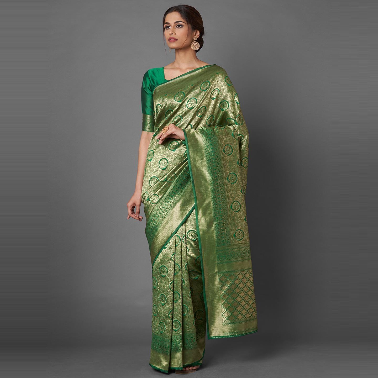 Saree Mall Green Festive Wear Silk Blend Banarasi Saree With Unstitched Blouse - Peachmode