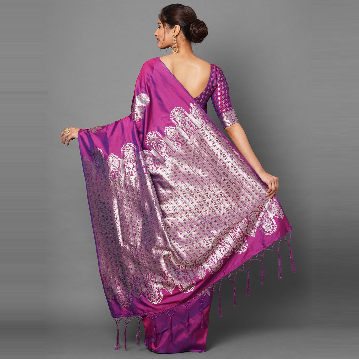 Saree Mall Magenta Festive Wear Silk Blend Banarasi Woven Saree With Unstitched Blouse - Peachmode