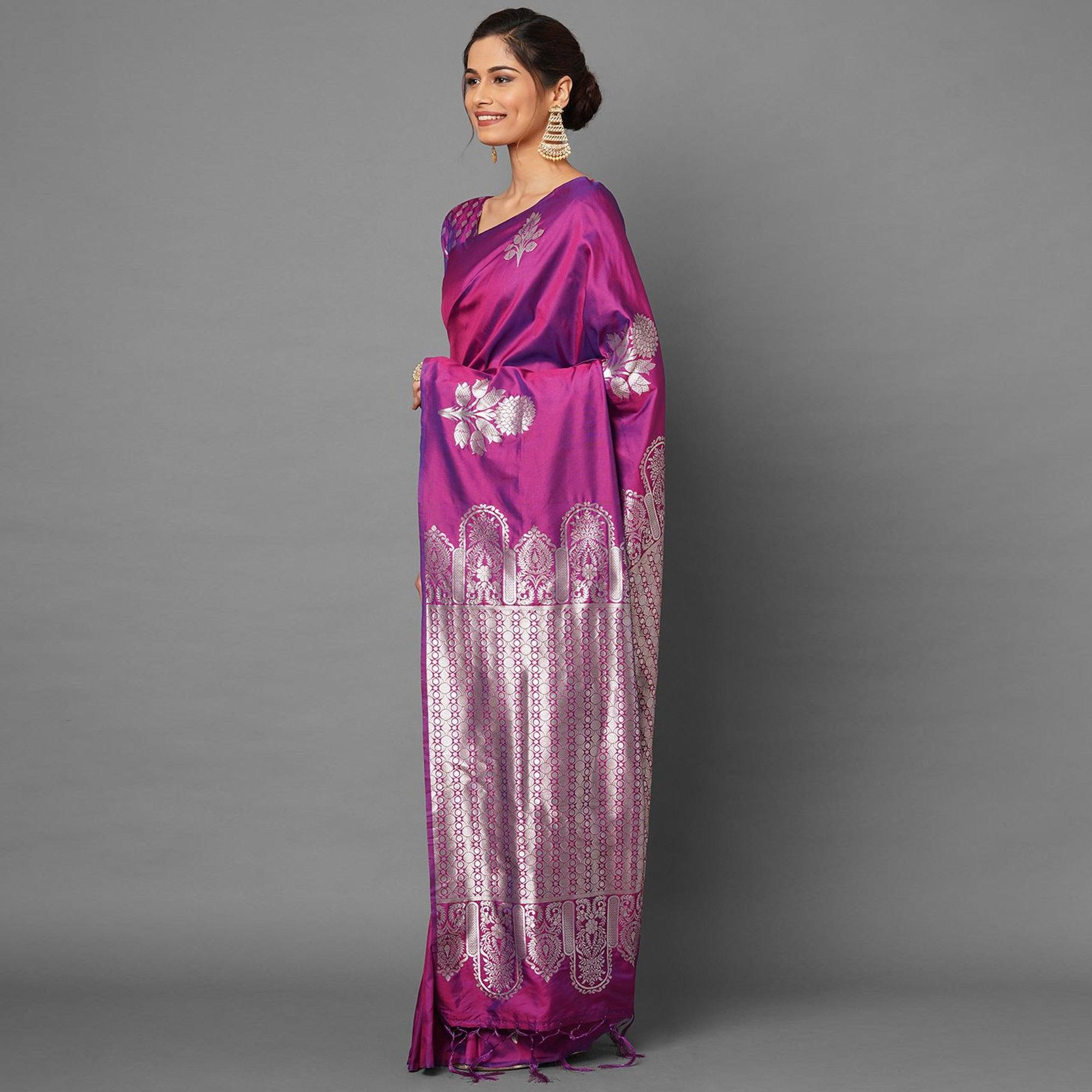 Saree Mall Magenta Festive Wear Silk Blend Banarasi Woven Saree With Unstitched Blouse - Peachmode