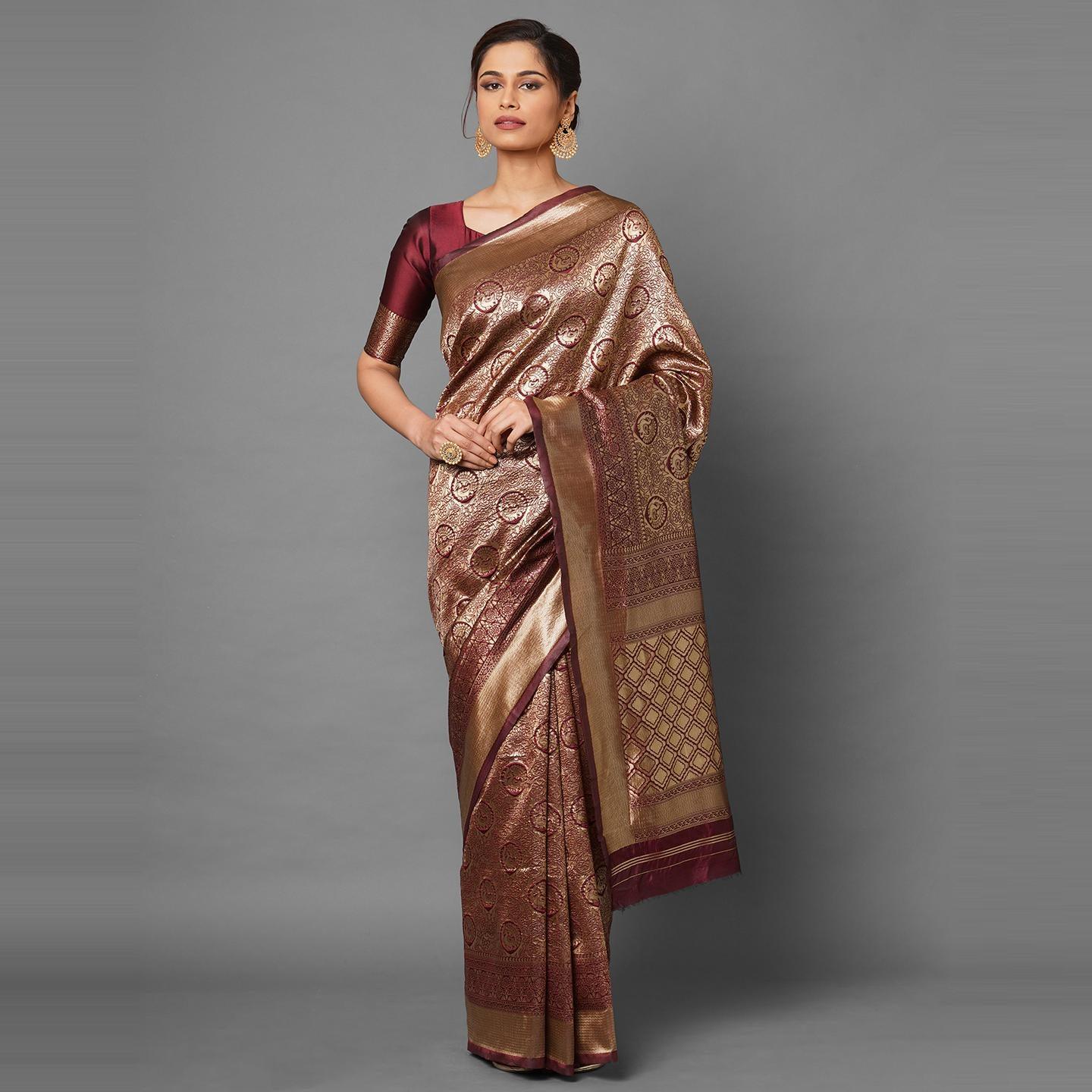 Saree Mall Maroon Festive Wear Silk Blend Banarasi Saree With Unstitched Blouse - Peachmode