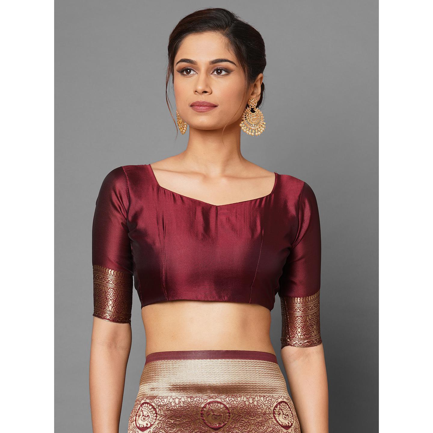 Saree Mall Maroon Festive Wear Silk Blend Banarasi Saree With Unstitched Blouse - Peachmode