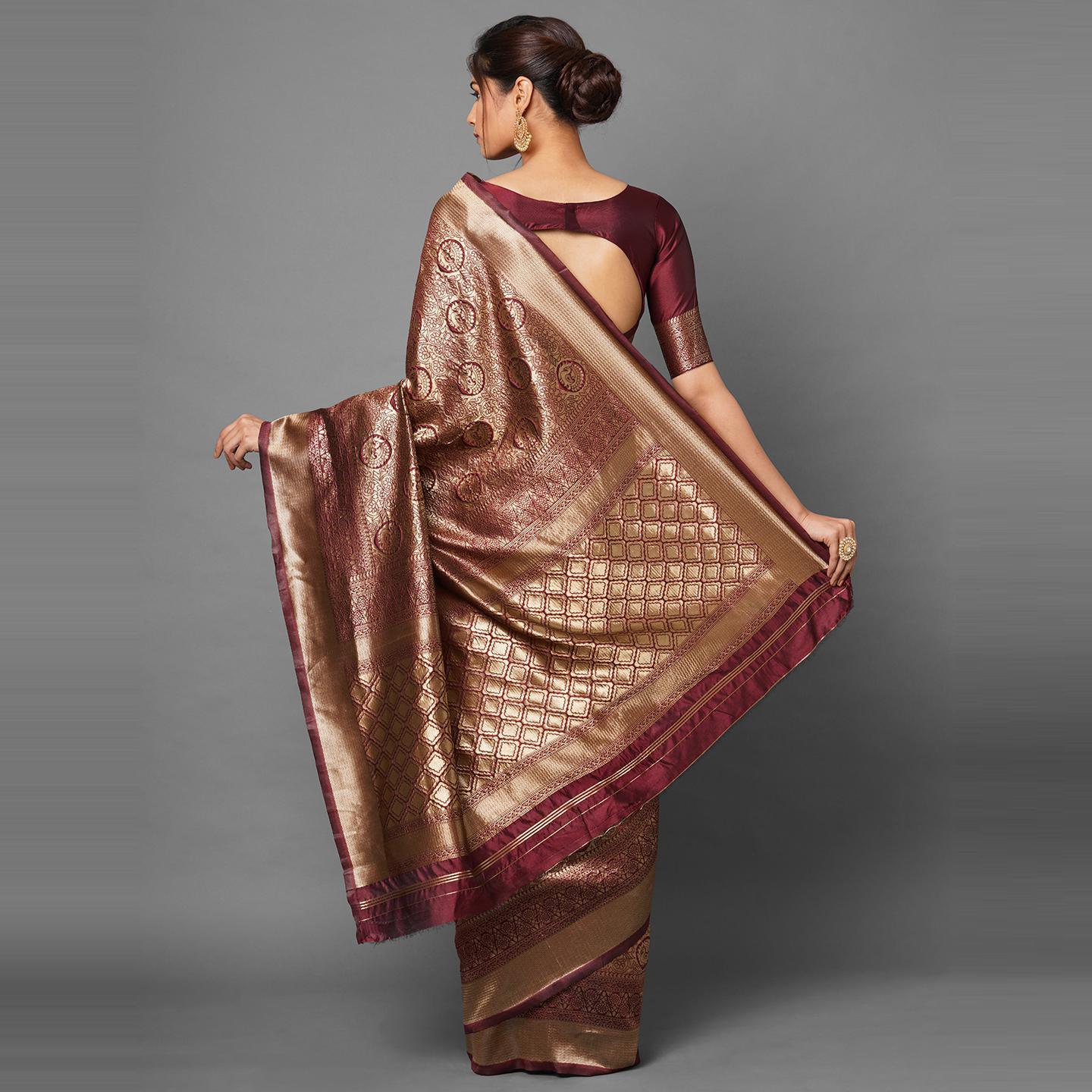 Saree Mall Maroon Festive Wear Silk Blend Banarasi Saree With Unstitched Blouse - Peachmode