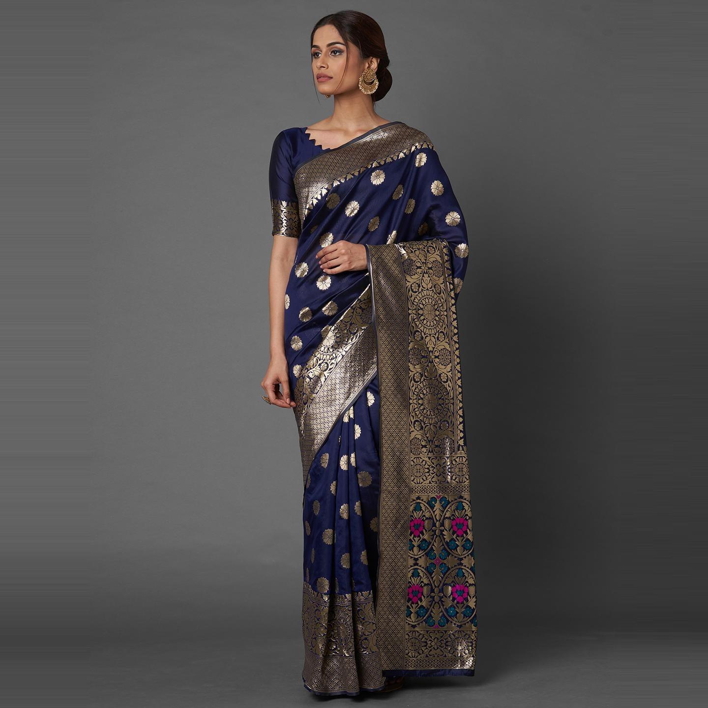 Saree Mall Navy Blue Festive Wear Silk Blend Floral Designer Banarasi Saree With Unstitched Blouse - Peachmode