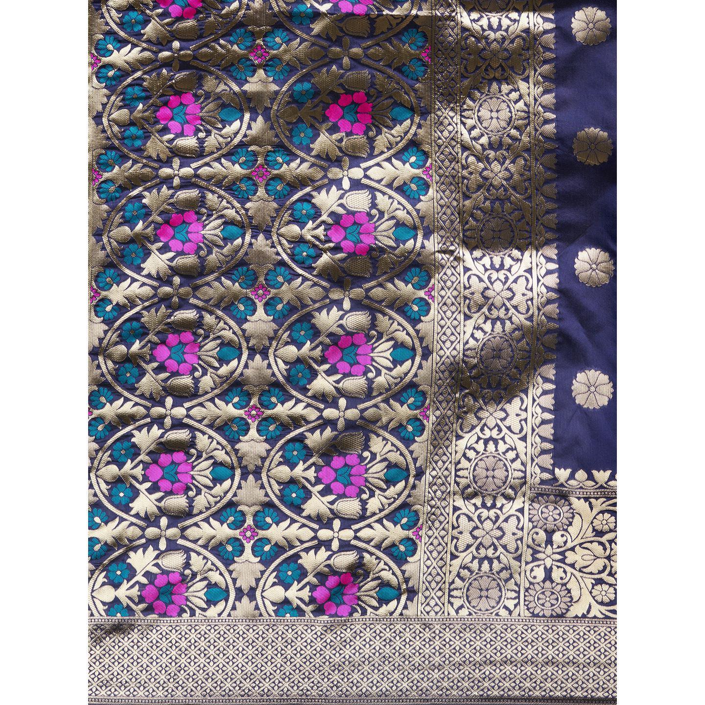 Saree Mall Navy Blue Festive Wear Silk Blend Floral Designer Banarasi Saree With Unstitched Blouse - Peachmode