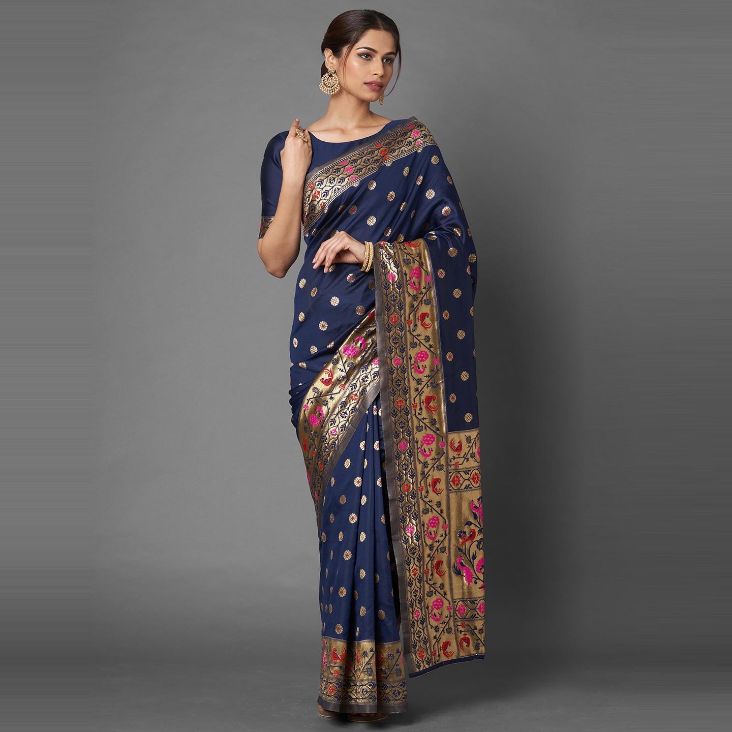 Saree Mall Navy Blue Festive Wear Silk Blend Woven Floral Designer Saree With Unstitched Blouse - Peachmode