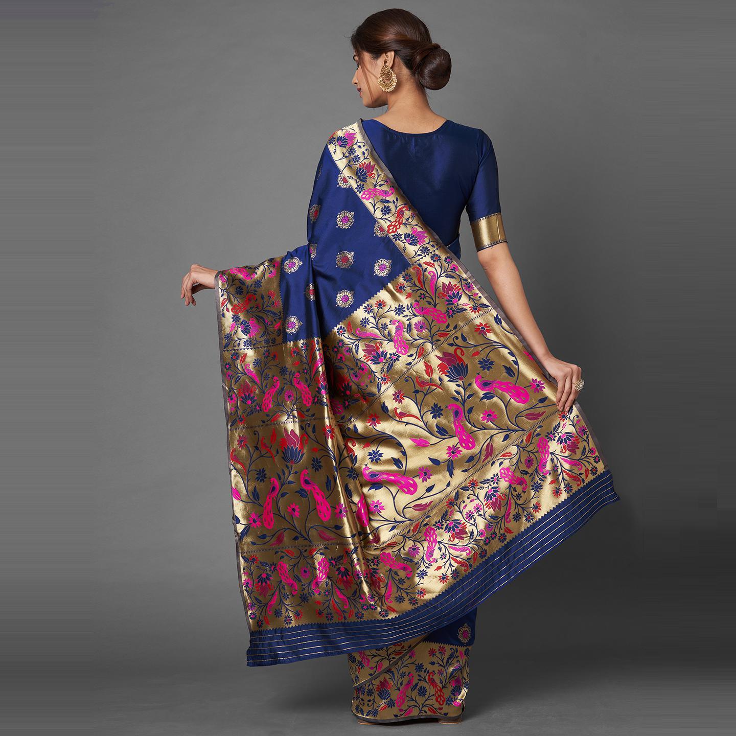 Saree Mall Navy Blue Festive Wear Silk Blend Woven Floral Designer Saree With Unstitched Blouse - Peachmode