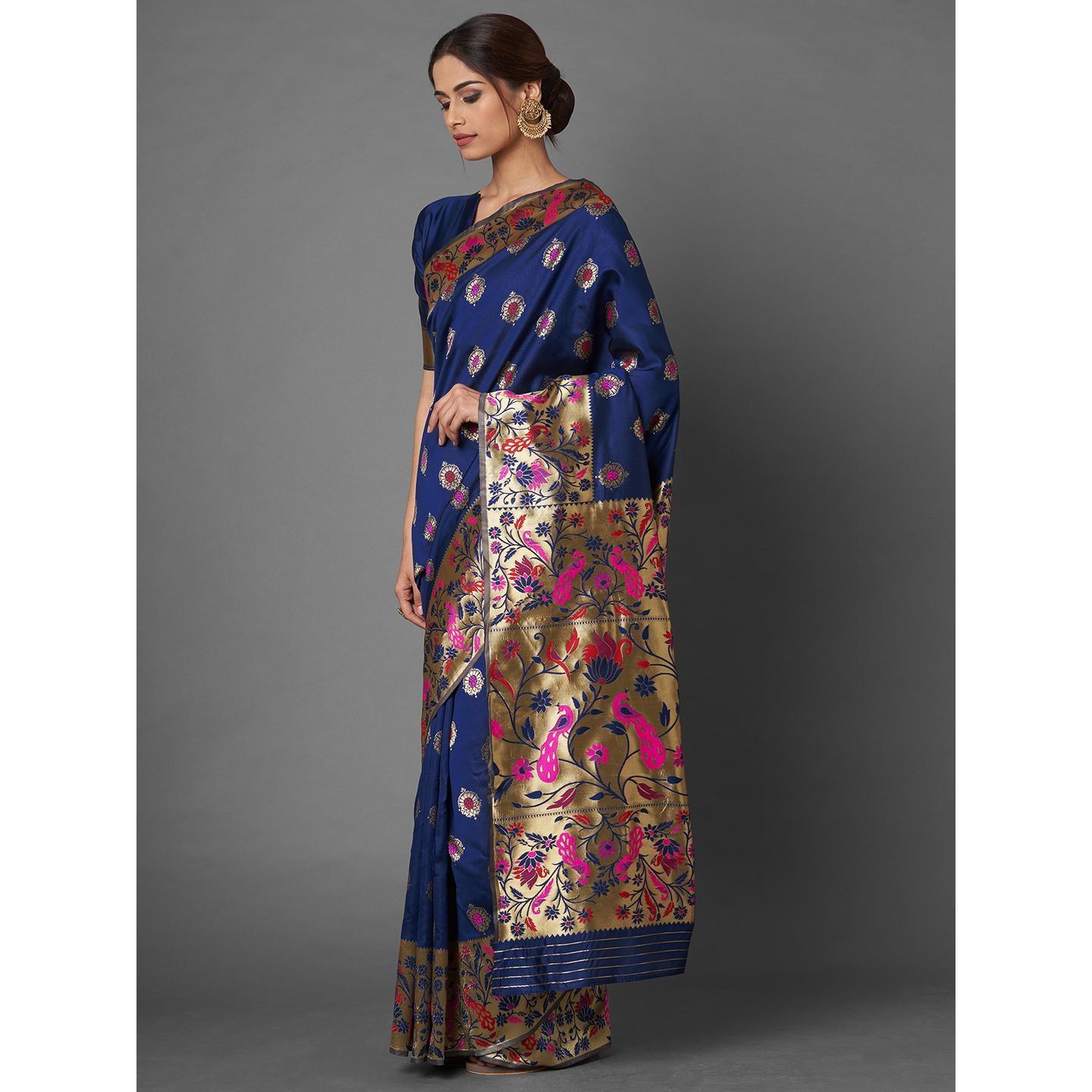 Saree Mall Navy Blue Festive Wear Silk Blend Woven Floral Designer Saree With Unstitched Blouse - Peachmode