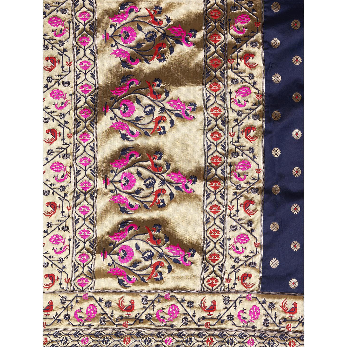 Saree Mall Navy Blue Festive Wear Silk Blend Woven Floral Designer Saree With Unstitched Blouse - Peachmode