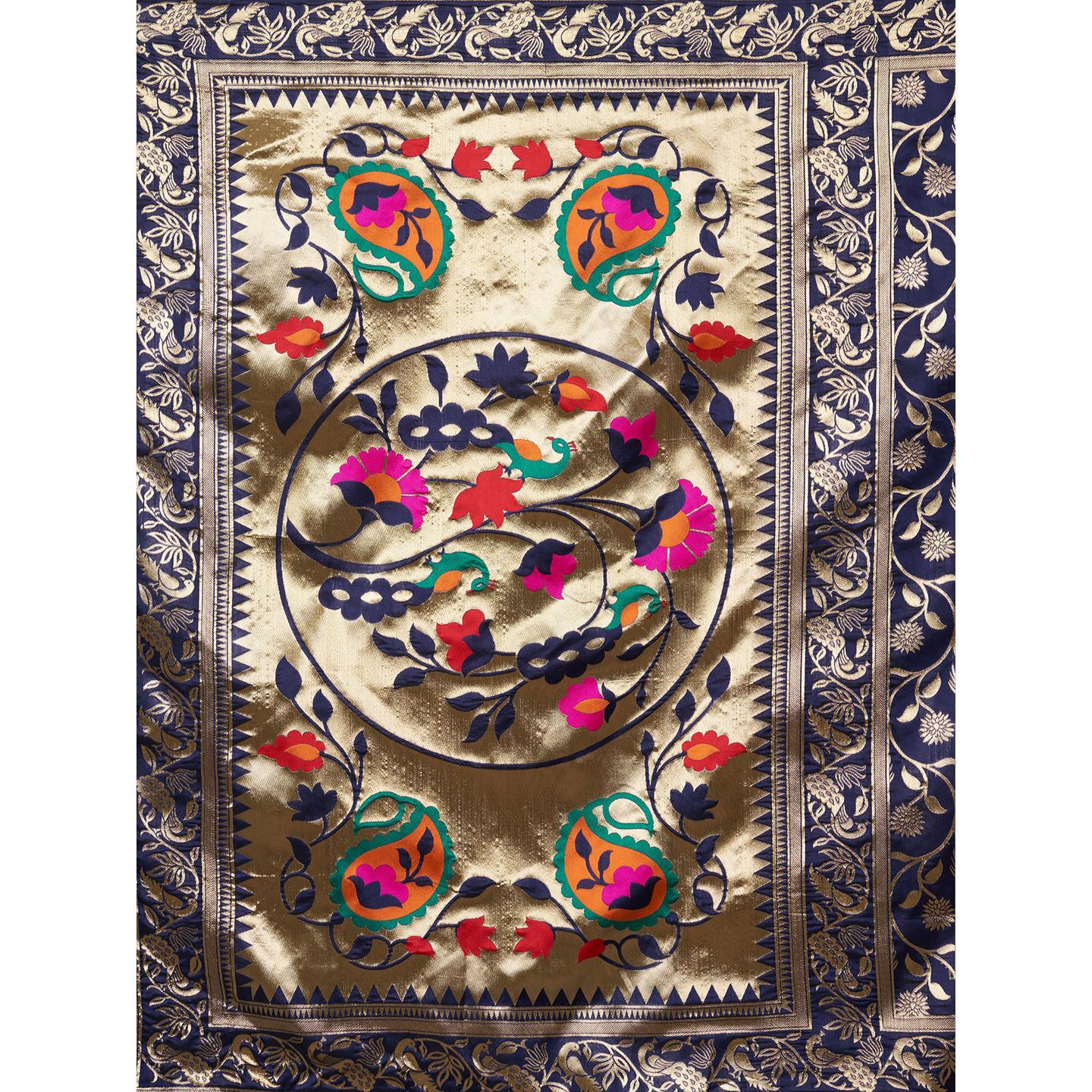 Saree Mall Navy Blue Party Wear Silk Blend Floral Designer Banarasi Saree With Unstitched Blouse - Peachmode