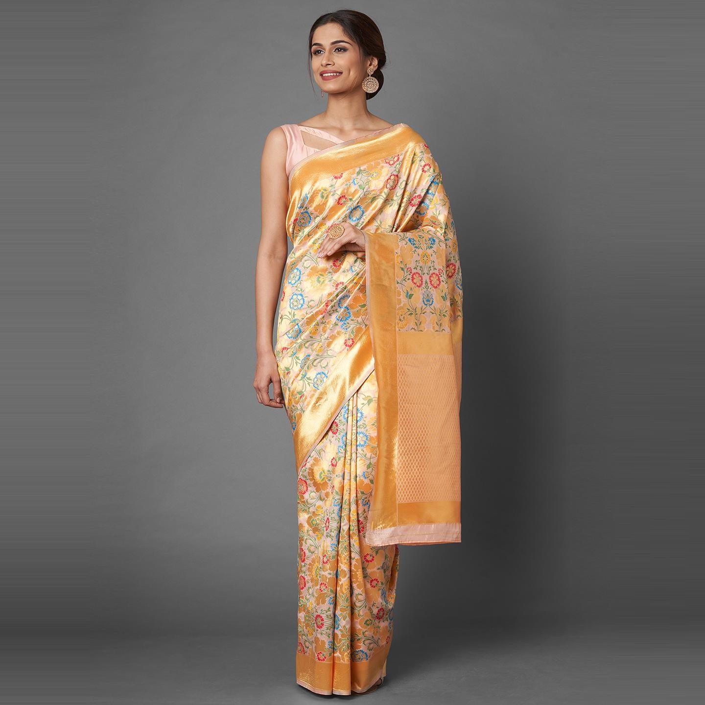 Saree Mall Peach Party Wear Silk Blend Banarasi Floral Designer Saree With Unstitched Blouse - Peachmode
