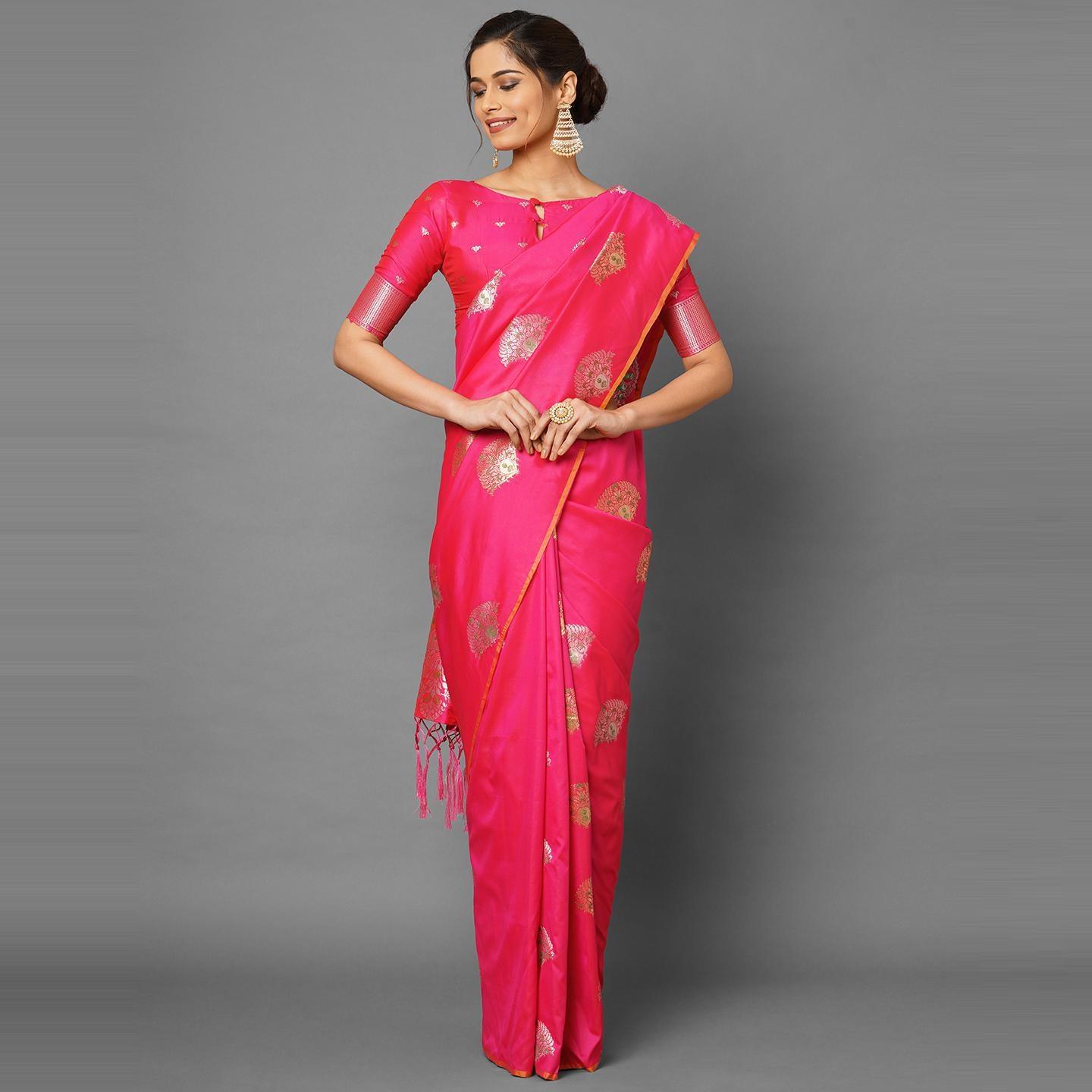 Saree Mall Pink Festive Wear Silk Blend Abstract Designer Woven Border Saree With Unstitched Blouse - Peachmode