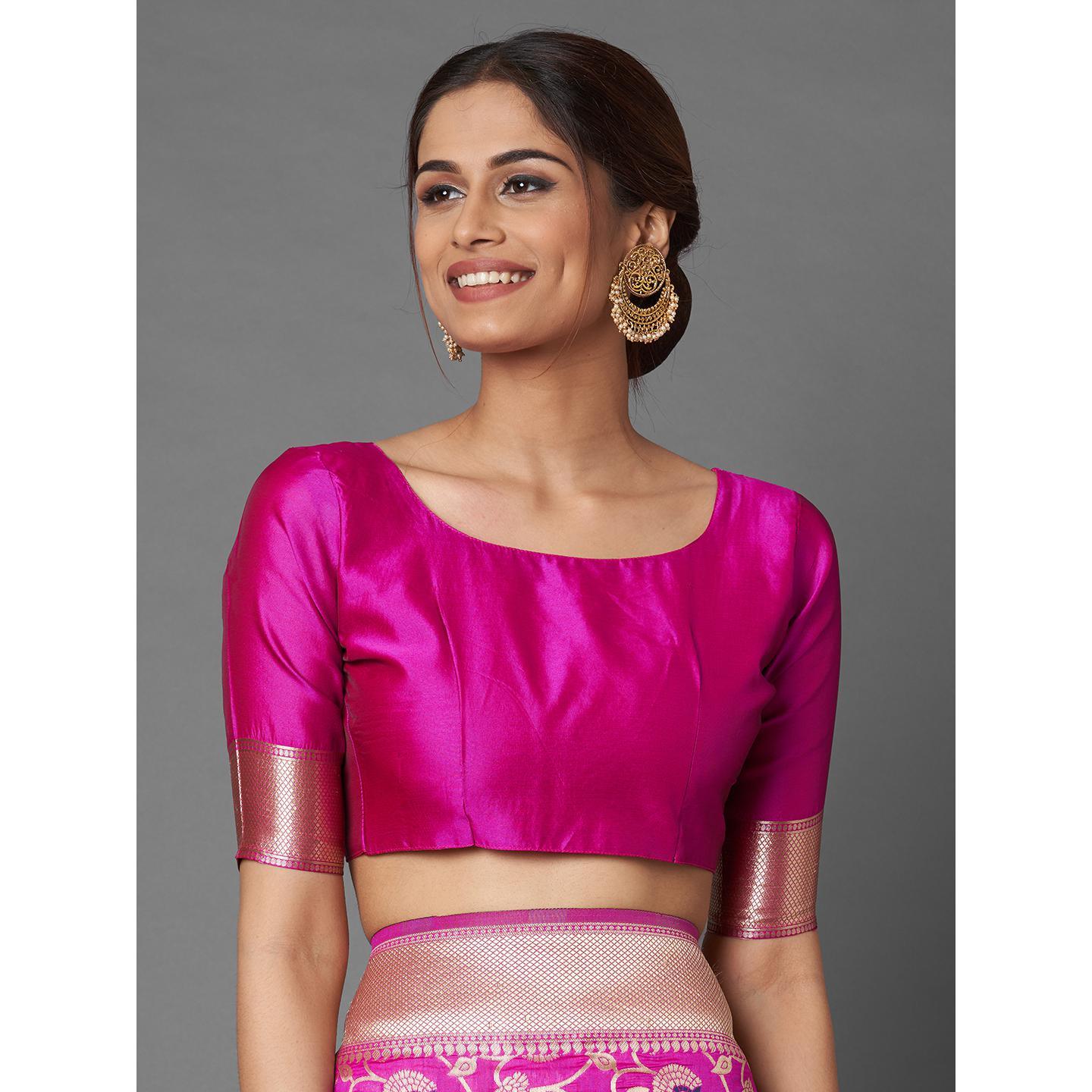 Saree Mall Pink Festive Wear Silk Blend Floral Designer Banarasi Saree With Unstitched Blouse - Peachmode