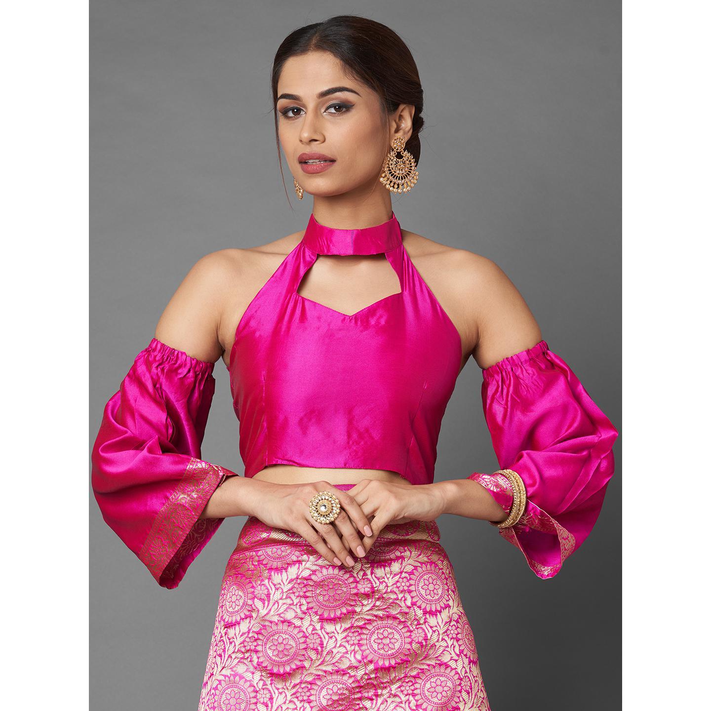 Saree Mall Pink Festive Wear Silk Blend Floral Designer Banarasi Saree With Unstitched Blouse - Peachmode