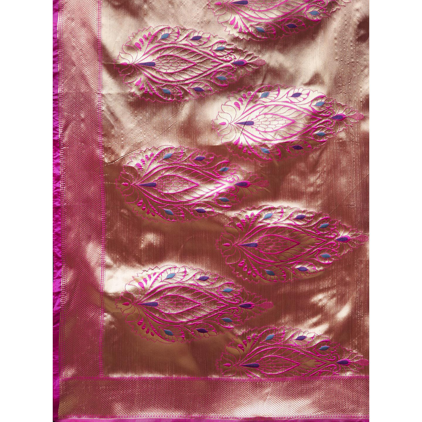 Saree Mall Pink Festive Wear Silk Blend Floral Designer Banarasi Saree With Unstitched Blouse - Peachmode
