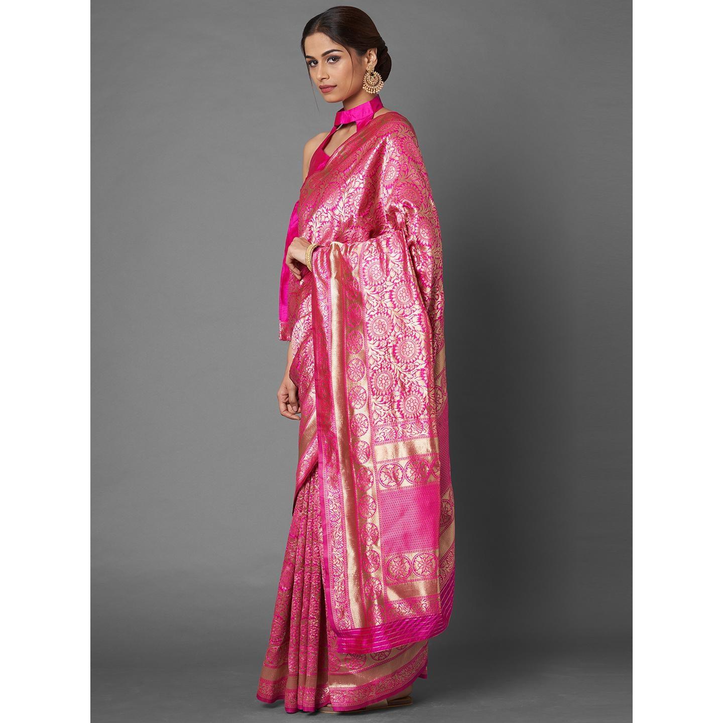 Saree Mall Pink Festive Wear Silk Blend Floral Designer Banarasi Saree With Unstitched Blouse - Peachmode