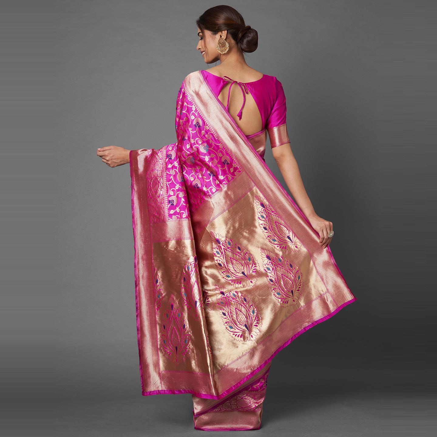 Saree Mall Pink Festive Wear Silk Blend Floral Designer Banarasi Saree With Unstitched Blouse - Peachmode