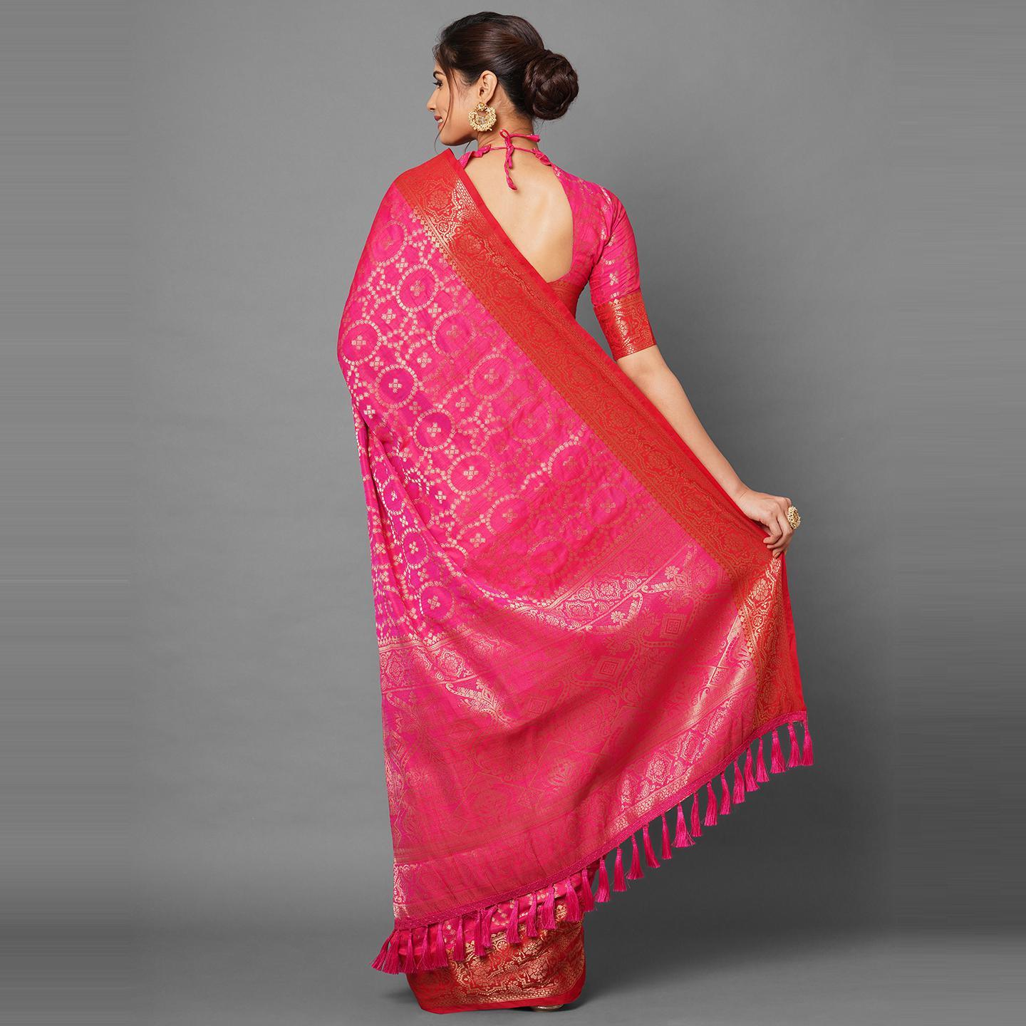 Saree Mall Pink Wedding Wear Silk Blend Woven Banarasi Designer Saree With Unstitched Blouse - Peachmode