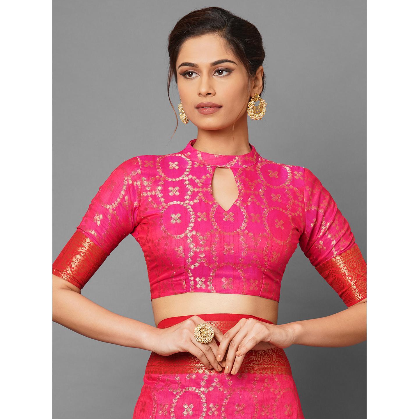Saree Mall Pink Wedding Wear Silk Blend Woven Banarasi Designer Saree With Unstitched Blouse - Peachmode